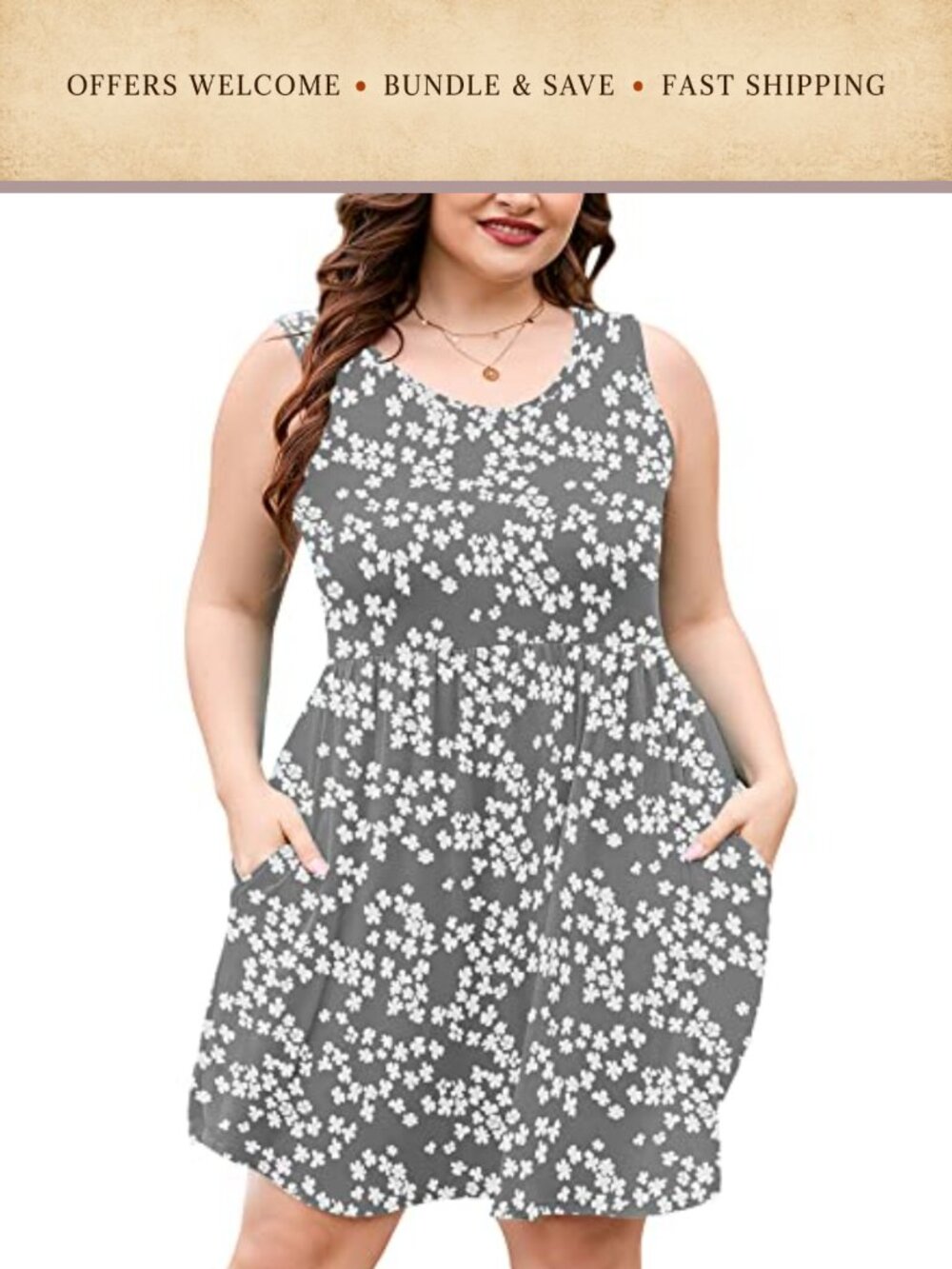 Plus Size Sleeveless Midi Dress with Pockets Casual Pleated Tank Dress